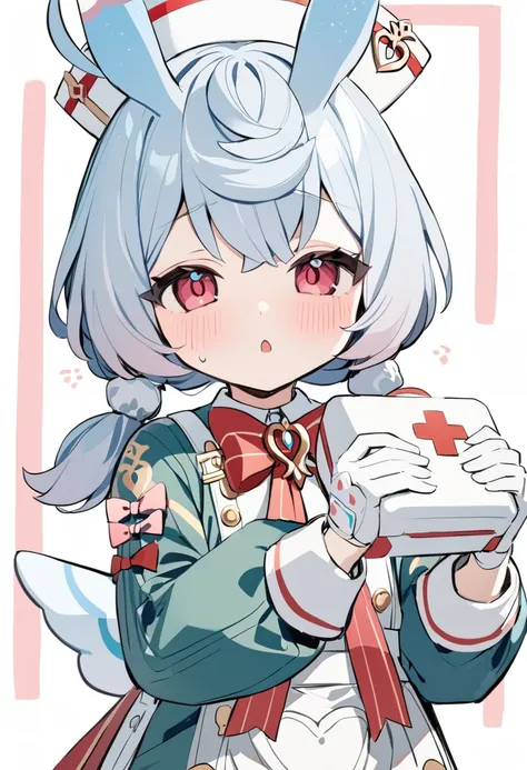 1girl, sigewinne \(genshin impact\), white gloves, animal ears, blush, twintails, holding, white background, eyebrows visible through hair, white headwear, long sleeves, nurse cap, upper body, red eyes, low twintails, first aid kit, looking at viewer, grey hair, parted lips, puffy sleeves, sweat, red bow, hair between eyes, jacket, box, hands up, blue jacket, :o, short twintails, open mouth, ahoge, hair ornament, two-tone background, chestnut mouth, simple background, sweatdrop, bowtie, puffy long sleeves, blue hair, silver hair, open clothes, open jacket, pink eyes, scrunchie, hair scrunchie, chibi, long hair, red neckwear, white shirt, green jacket, holding box, pink bow, red cross, solo, holding first aid kit, white apron, red bowtie, green shirt, white collar, collared shirt, white waist bow, white wings, mini wings, two-tone wings, aqua wings, striped bow, masterpiece, best quality <lora:sigewinne_genshin_impact_sdxl_locon_v1:0.7>