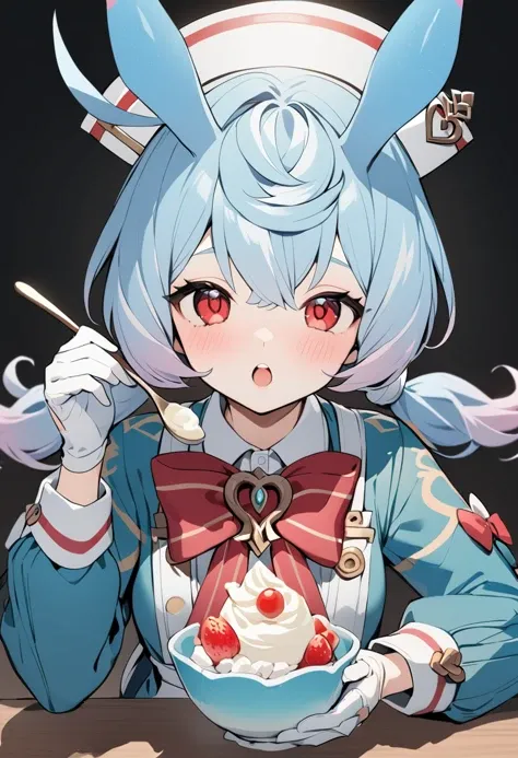 1girl, sigewinne \(genshin impact\), 1girl, animal ears, white gloves, spoon, food, twintails, red eyes, white background, holding, looking at viewer, simple background, holding spoon, eyebrows visible through hair, open mouth, blush, low twintails, hair between eyes, white headwear, long sleeves, upper body, teeth, ice cream, upper teeth, blue hair, :o, red bow, fruit, bowtie, holding food, jacket, multicolored hair, long hair, ahoge, puffy sleeves, blue jacket, white shirt, white hair, short twintails, hair ornament, collared shirt, white bow, pink bow, strawberry, silver hair, parfait, red neckwear, gradient hair, cherry, parted lips, bowl, shirt, solo, upper teeth only, red bowtie, nurse cap, white apron, green shirt, white collar, masterpiece, best quality <lora:sigewinne_genshin_impact_sdxl_locon_v1:0.7>