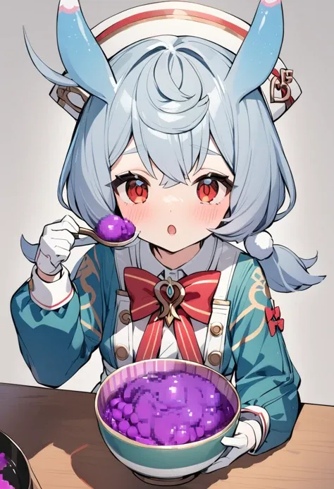 1girl, sigewinne \(genshin impact\), 1girl, animal ears, twintails, spoon, white gloves, blush, holding, holding spoon, low twintails, white background, looking at viewer, :o, open mouth, eyebrows visible through hair, red eyes, white headwear, blue jacket, long sleeves, blue hair, jacket, hair between eyes, simple background, food, mosaic censoring, bowl, upper body, red bow, censored, long hair, white shirt, censored food, bad food, hair ornament, bowtie, puffy sleeves, brown eyes, short twintails, open jacket, table, red neckwear, cooking, hand up, parted lips, collared shirt, open clothes, grey background, grey hair, ahoge, white hair, shirt, solo, nurse cap, white apron, red bowtie, green shirt, white collar, pom pom hair ornament, striped bowl, masterpiece, best quality <lora:sigewinne_genshin_impact_sdxl_locon_v1:0.7>