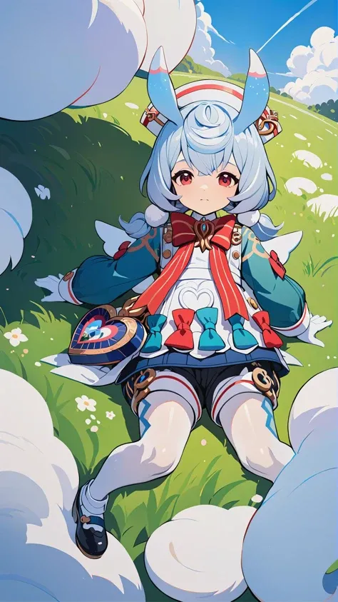 wide_shot,full body,blue sky and white clouds,on grass,1girl,<lora:nuko_masshigura-叿 ¼é¯XL Lycoris:0.8>,sigewinne \(genshin impact\),twintails,low twintails,short twintails,long hair,hair ornament,pom pom hair ornament,red eyes,hair between eyes,eyebrows visible through hair,multicolored hair,blue hair,white hair,animal ears,white wings,mini wings,two-tone wings,aqua wings,white tail,aqua tail,two tone tail,green shirt,white collar,collared shirt,puffy sleeves,long sleeves,white gloves,nurse cap,white apron,red bowtie,red bow on apron,blue bow on apron,black shorts,white thighhighs,shoes,black footwear,heart-shaped bag,, ,finely detailed,detailed, {masterpiece}, extremely detailed cg unity 8k wallpaper, best quality,(masterpiece), best quality,