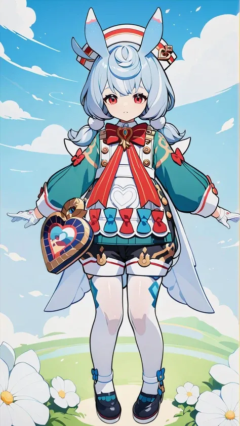 wide_shot,full body,blue sky and white clouds,on grass,1girl,<lora:nuko_masshigura-叿 ¼é¯XL Lycoris:0.8>,sigewinne \(genshin impact\),twintails,low twintails,short twintails,long hair,hair ornament,pom pom hair ornament,red eyes,hair between eyes,eyebrows visible through hair,multicolored hair,blue hair,white hair,animal ears,white wings,mini wings,two-tone wings,aqua wings,white tail,aqua tail,two tone tail,green shirt,white collar,collared shirt,puffy sleeves,long sleeves,white gloves,nurse cap,white apron,red bowtie,red bow on apron,blue bow on apron,black shorts,white thighhighs,shoes,black footwear,heart-shaped bag,white stockings,random pose,, ,finely detailed,detailed, {masterpiece}, extremely detailed cg unity 8k wallpaper, best quality,(masterpiece), best quality,