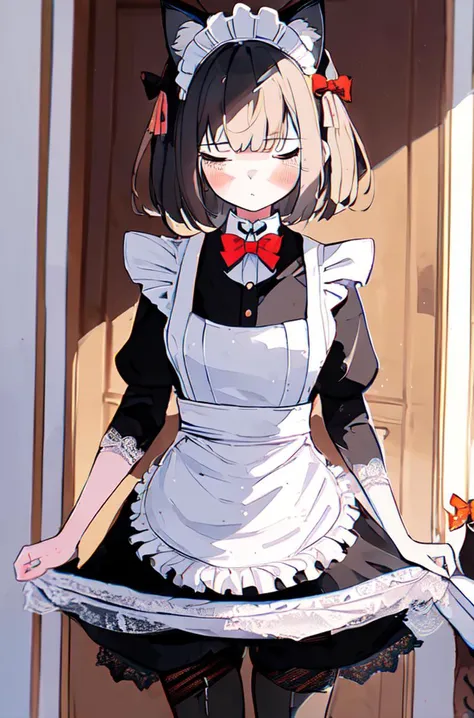 1girl,solo,, (maid outfit:1.7),(Bow tie:1.3),(cat ears:1.3),(lace:1.3),(pantyhose:1.3),(shyness:1.3), jinghongface