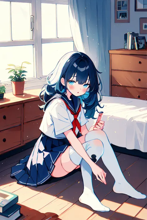 1girl, thighhighs, long hair, solo, blue hair, blue eyes, sitting, window, indoors, stuffed toy, white thighhighs, school uniform, curtains, skirt, stuffed animal, very long hair, bed, sunlight, serafuku, sailor collar, long sleeves, shirt, white shirt, looking at viewer, hand between legs, bedroom, wariza, day, clock, between legs, closed mouth, zettai ryouiki, on bed, blush, book, neckerchief, white skirt, teddy bear, hair over one eye, v arms, plant, photo (object), lips, phone, desk, wooden floor, short sleeves, potted plant, wavy hair, pillow, pleated skirt, box, bangs, cup, shelf, table, bookshelf, cellphone, blue sailor collar, drawer, blue skirt, chair, artist name, picture frame, parted lips, bed sheet, white serafuku, on floor, shoes, smartphone, no shoes, lamp, cabinet, miniskirt, mirror, portrait (object), chest of drawers, backlighting