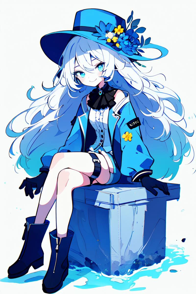 1girl,solo,Furina,masterpiece,best quality,cinematic,dynamic lighting,long hair,looking at viewer,smile,bangs,blue eyes,simple background,shirt,gloves,long sleeves,hat,white background,bow,hair between eyes,jewelry,sitting,closed mouth,blue hair,jacket,full body,white shirt,flower,ahoge,white hair,boots,frills,shoes,shorts,black gloves,white gloves,signature,water,black footwear,dated,ascot,thigh strap,crossed legs,blue jacket,brooch,blue headwear,blue flower,white shorts,tilted headwear,blue coat,