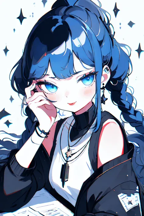 1girl, solo, jewelry, long hair, blue hair, necklace, braid, earrings, paper, blue eyes, looking at viewer, sweater, upper body, long sleeves, closed mouth, black sweater, off shoulder, star (symbol), bare shoulders, jacket, shirt, sheet music, sitting, ponytail, sleeveless, bangs, lips, sleeves past wrists, black shirt, head rest, black jacket, single braid, realistic, smile, blurry, hand up, red lips, braided ponytail, artist name, open clothes, hair over shoulder, sleeveless shirt, hand on own face, star earrings, head tilt, parted bangs, nose, pendant, star necklace, hand on own cheek, blush, twin braids, jinghongface