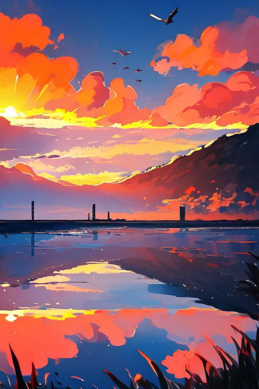 scenery,cloud,sky,no humans,outdoors,sunset,cloudy sky,horizon,blue sky,bird,field,water,landscape,sunlight,ocean,dutch angle,reflection,nature,sunrise,