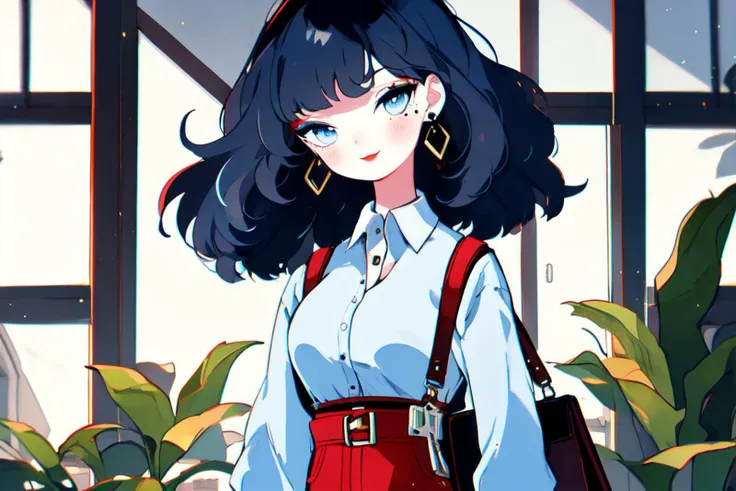 1girl,long hair,solo,blue eyes,multicolored hair,shirt,window,jewelry,bag,earrings,looking at viewer,streaked hair,breasts,white shirt,wavy hair,pants,shoulder bag,belt,indoors,sleeves rolled up,blue hair,denim,medium breasts,closed mouth,white hair,lips,sunlight,collared shirt,cleavage,standing,blue pants,jeans,long sleeves,grey hair,cowboy shot,two-tone hair,light particles,handbag,buckle,plant,collarbone,head tilt,day,bangs,tassel,upper body,suspenders,makeup,blush,dress shirt,brown belt,shirt tucked in,belt buckle,sleeves pushed up,mole,smile,strap,parted lips,single earring,red lips,