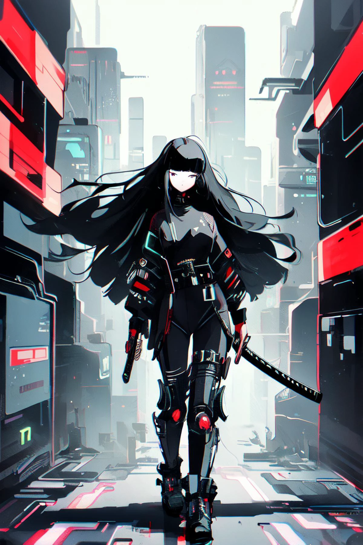 1girl,(cyberpunk background:1.2),black hair,straight hair,(long hair:1.2),blunt bangs,katana,