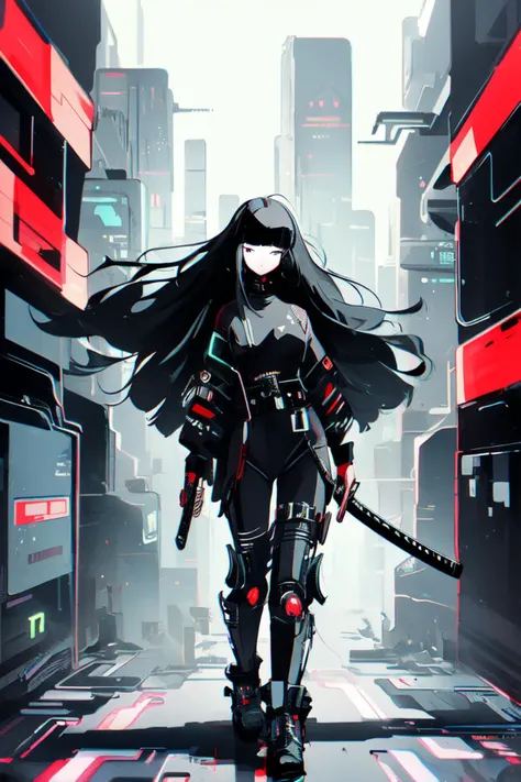 1girl,(cyberpunk background:1.2),black hair,straight hair,(long hair:1.2),blunt bangs,katana,