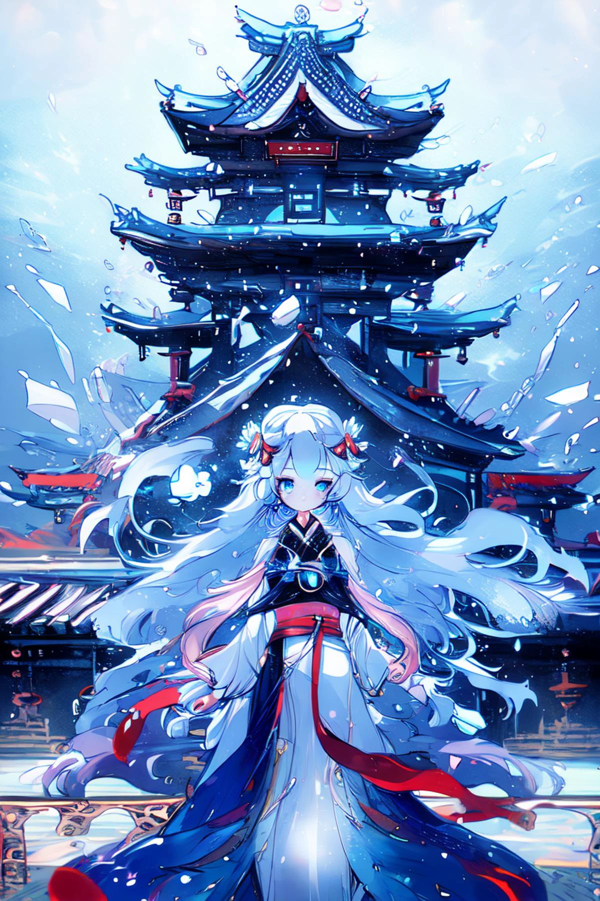 looking at viewer,ice crystal,1girl,long hair,blue eyes,solo,east asian architecture,wind,<lora:æ¶æå°æ¶_bingjing_SD1.5_V1:0.9>,