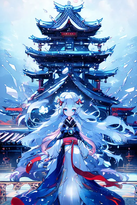 looking at viewer,ice crystal,1girl,long hair,blue eyes,solo,east asian architecture,wind,<lora:æ¶æå°æ¶_bingjing_SD1.5_V1:0.9>,