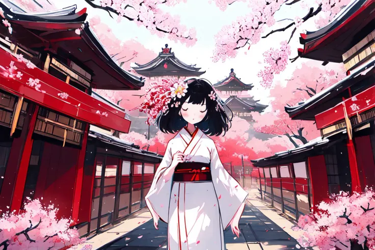 1girl,solo,white japanese clothes,white kimono,lantern,east asian architecture,architecture,hair ornament,flower,tree,cherry blossoms,white kimono,