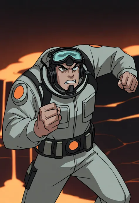 score_9, score_8_up, score_7_up, dcaustyle, 1boy, solo, dark background, henchman, goggles, balaclava, scuba gear, raised fist, punching
