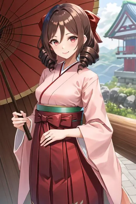 best quality, masterpiece, highres, solo, {harukaze_kantaicollection:1.15}, brown_hair, drill_hair, twin_drills, red_eyes, bow, hair_bow, red_bow, long_hair, smile, breasts, 1girl, japanese_clothes, kimono, pink_kimono, upper_body, looking_at_viewer, meiji_schoolgirl_uniform, white_background