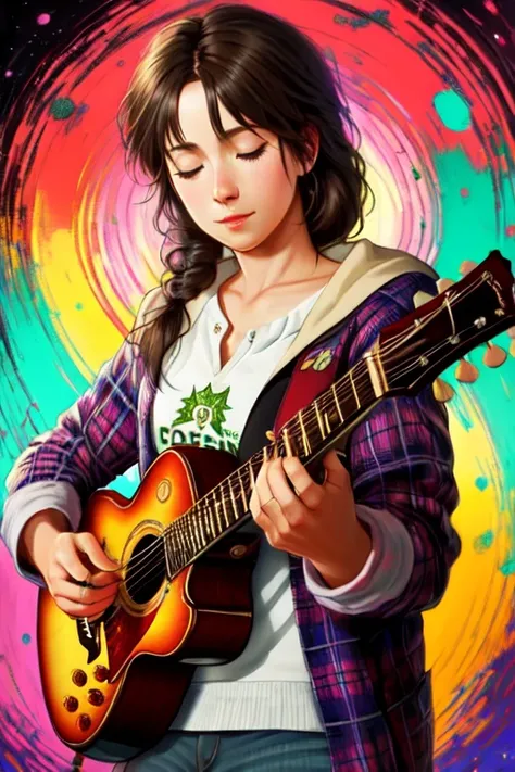A realistic portrait of a musician playing a guitar, surrounded by swirling, colorful music notes in the background, in the art style of artists called "Esao Andrews", "Stanley Mouse", and "Dan Mumford