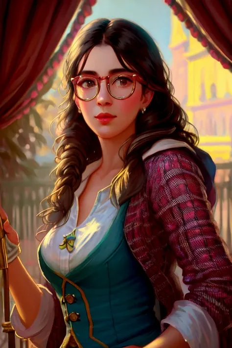 A beautiful portrait of juliachang in a whimsical and colorful circus setting, featuring intricate details and a retro aesthetic, glasses, created in the art style of Conrad Roset and Jeremy Lipkin