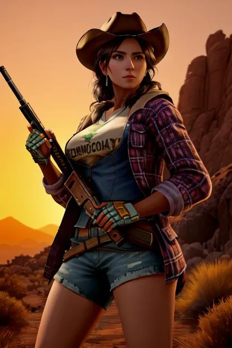 A woman with a gun, standing on a rocky ridge at sunset, with the orange and red sky behind her. She is wearing a cowboy hat and a leather jacket, and has a determined expression on her face. The background is filled with desert landscape, with cacti and scrub brush scattered across the rocky ground. The art style is realistic, with attention to detail in the clothing and weaponry. The woman is posing in a classic cowboy shooting stance, with the gun held out in front of her. The image is captured in a dramatic and cinematic way, with a sense of tension and action.