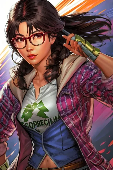 A portrait of juliachang in an action pose,  solo, with dynamic movement and bold colors. glasses, By Alex Ross, Jim Lee, or Jock.