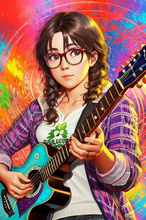 A realistic portrait of a musician playing a guitar, surrounded by swirling, colorful music notes in the background, glasses, in the art style of artists called "Esao Andrews", "Stanley Mouse", and "Dan Mumford