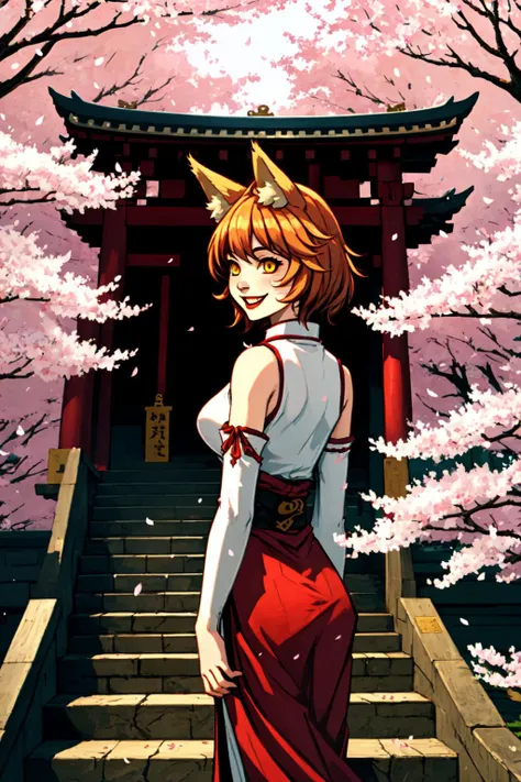 masterpiece, best quality, 1girl, yellow eyes, medium hair, stairs, cherry blossoms, temple, fox girl, detached sleeves, animal ears, happy, arms behind back,