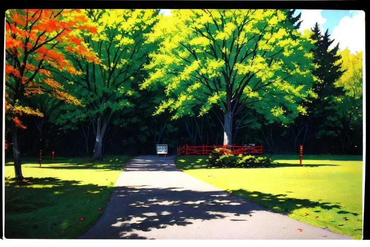 border collie, no humans, dog, happy, summer time, park setting, maple tree, friendly environment, PolaroidFilter