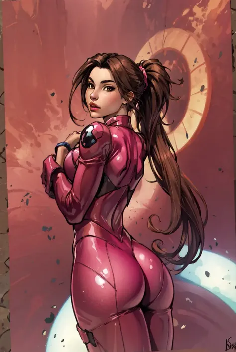 masterpiece, best quality, 1girl, solo, bodysuit, long hair, ponytail, ass, brown hair, lips, looking back, pink bodysuit