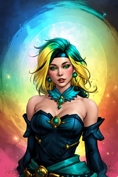 masterpiece, intricate detail,best quality, 1girl, solo, long hair, visor cap, bare shoulders, two tone hair, multicolored hair, rainbow hair, teal hair, parted lips, green eyes, blonde hair, upper body, looking at viewer, dress, strapless, beautiful, sexy, (fantasy:1.5)