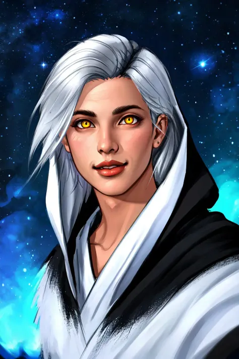 (masculine),(male_focus), (masterpiece, best quality, ultra-detailed, highres), perfect face, side-lighting, lustrous skin,(bloom), (shine), lighting, ray tracing, solo, 1boy, male focus, yellow eyes, portrait, white hair, star \(sky\), black robe, robed, hooded robe, looking at viewer, blue theme, starry sky, night, sky, lips, smile, depth_of_field, very detailed background, highly detailed background, Masterpiece, Ultra detailed, great composition,Dynamic angle,(Highest picture quality), (Master's work), depth of field, solo, extreme light and shadow, masterpiece, rich in detail, (highest quality), (masterpiece), (detailed eyes), (beautiful) detailed, beautiful detailed eyes,(masterpiece), (best quality), (ultra-detailed), (best illustration),(best shadow),perfect lighting , perfect anatomy , vivid colors,