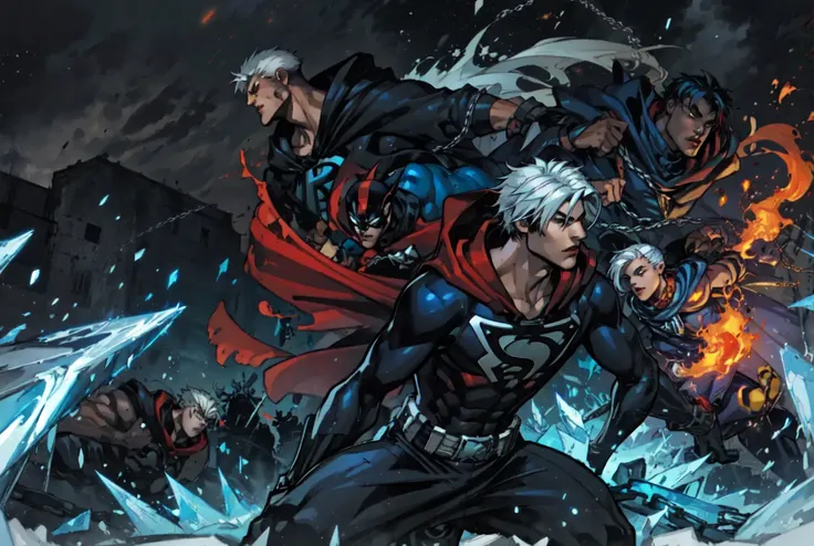 JoeMad, masterpiece, best quality, multiple boys, 6+boys, fire, battle, white hair, chain, cape, two-tone hair, dark skin, 1girl, multicolored hair, black hair, ice, superhero