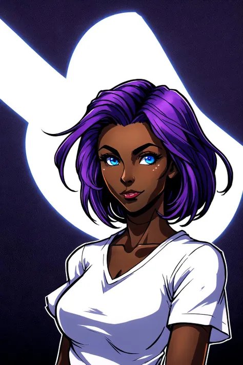 1girl, solo, short hair, blue eyes, purple hair, upper body, dark skin, dark-skinned female, shirt, :V,