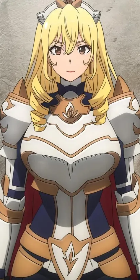 (best quality), (masterpiece), (solo), Kisara, 1girl, blonde hair, long hair, yellow eyes, (big breasts), steel armor, steel pauldrons, belt, steel gauntlets, (black beret), smile, blush, facing the viewer, looking at the viewer, (simple background), (blurry background)