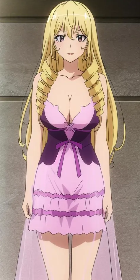 <lora:bozes_co_palestiV2:0.7> bozes_co_palesti, huge_breasts, standing, solo, Pink_nightgown_Purple_corset_See-through_skirt, masterpiece, best quality, detailed face, detailed eyes, highres,