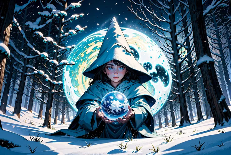 a comic book illustration of a wizard stands in the middle of a clearing in a dark and snowy forest, the wizard is casting a spell, the spell is creating a magical sphere around the wizard, inside the sphere it is springtime with colorful flowers blooming, outside the sphere it is still a winter blizard, Style-Winter, style-swirlmagic, <lora:xl_more_art-full_v1:1>, <lora:EnvyOilPastelXL01:1>, oil, <lora:Comic_realism:1>, (masterpiece:1.3),(best quality:1.3),8k, highestres, absurdres, perfect composition, realistic proportions, ultra sharp, perfect shadows, highly detailed, epic, photorealistic, atmospheric lighting, natural, shallow dof intricate, high realism