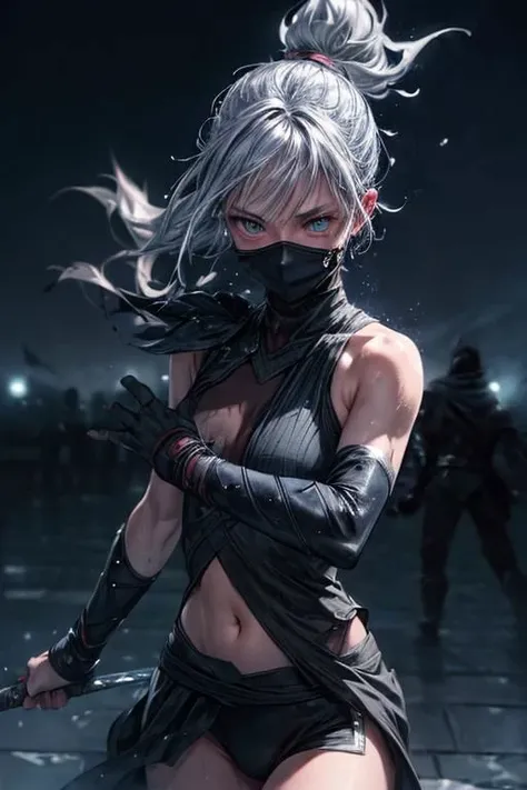 (visible breath:1.55), cold atmosphere, ninja, sword action, 2 persons on the dark city, moon light, sweat, water drops, (motion blur:1.2), photo realistic,dynamic tilted image, mask, girl silver hair, girl vs man