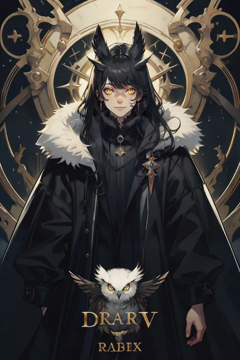 best quality,masterpiece,absurbres,super-resolution,dark fantasy,dark,executioner,fantasy,dreamwave,aesthetic,<lora:Dreamwave v3:0.9>,
1boy,owl boy,((owl ears)),yellow eyes,glowing eyes,crazy smile,black hair,long hair,(glowing eyes),long bangs,messy bangs,fur coat,witch clothes,((white fur on clothes)),(large hood),jewelry,ruins,<lora:animetarotV51:0.7>,