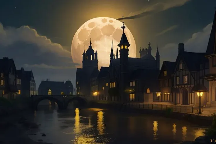 no humans,r'her, termina, full moon, yellow moon, town, madness, grim dark fantasy, smile of the moon, no humans,masterpice, no animals, realistic, 4k, scenery, no living things