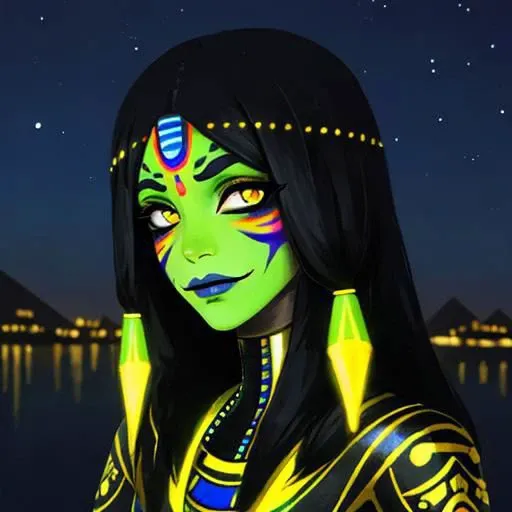 woman with egyptian face paint at night, neon