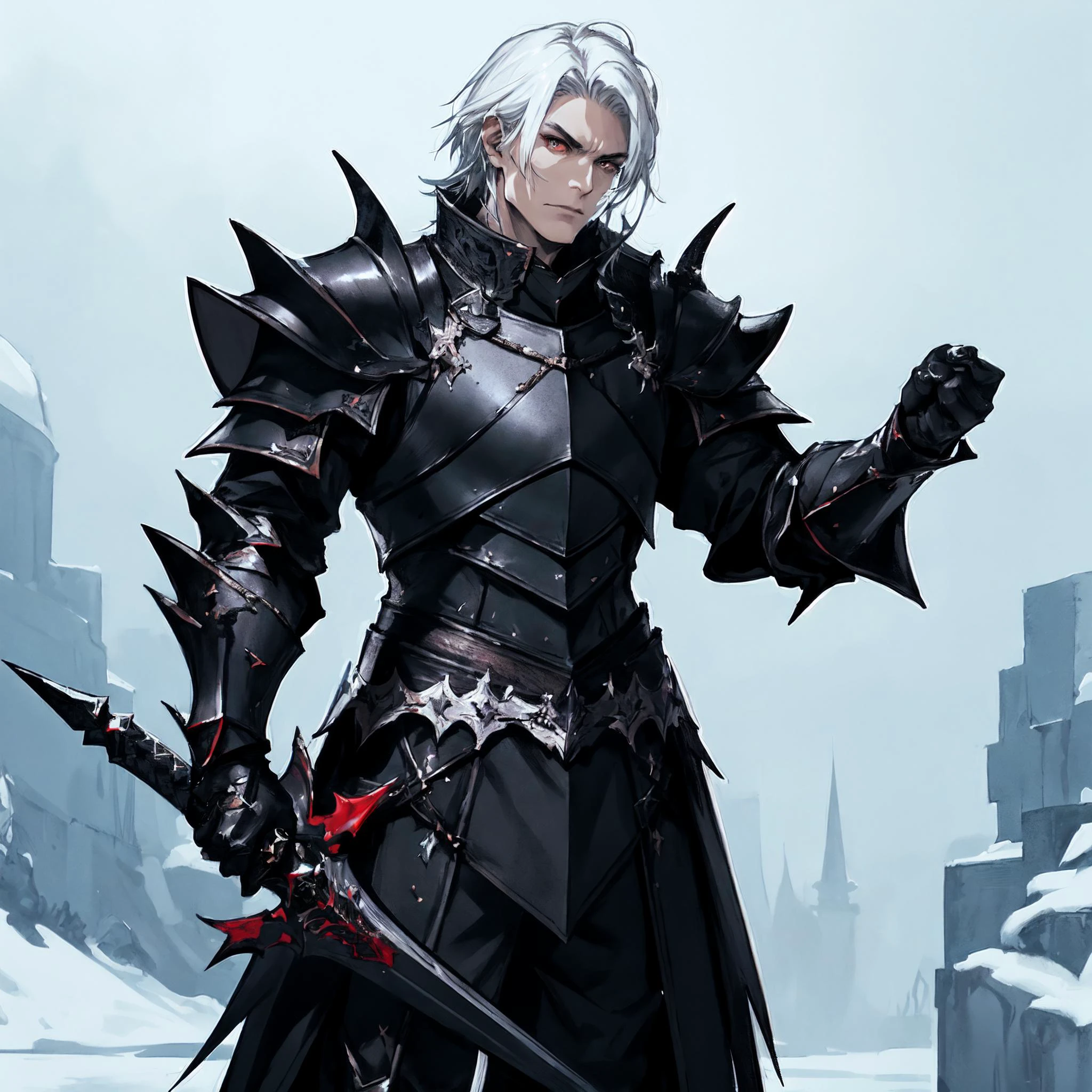 <lora:Dark_Knight_MINI:0.3> DRK_Glam, dark armor, wearing DRK_Glam , standing, sword, (masterpiece, high quality, highres,Highest picture quality), Best_QualityPos, solo, 1man, man, black armor,black knight, medieval fantasy armor, dark warrior, sharp facial features, sharp chin, white hair, (angry facial expression:0.7), rough, <lora:Granblue_Fantasy_style_v02.04:0.4>, (extremely pale skin:1.2)