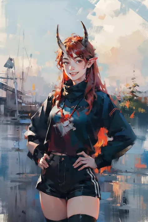 (masterpiece, best quality, ultra detailed),1girl,asymmetrical legwear,black shorts,freckles,grin,hands on hips,horns,long hair,pointy ears,red eyes,red hair,shorts,single horn,single thighhigh,smile,solo,striped,thighhighs,winter forest,fog,bichu,oil painting,Impressionism,<lora:bichu-v0612:1>,