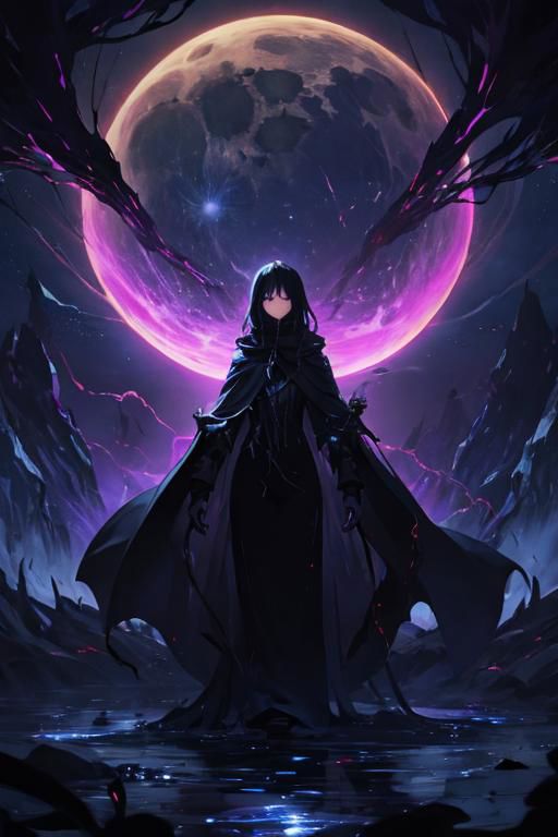 A woman in a black cloak standing in front of a full moon - SeaArt AI