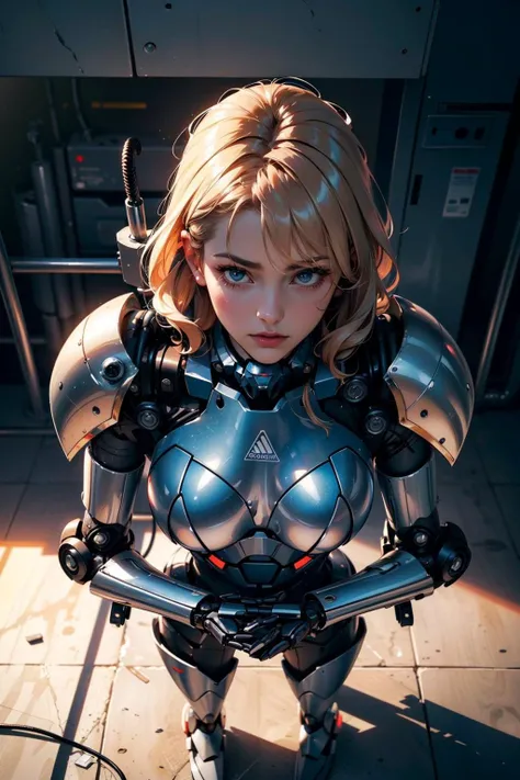 masterpiece, best quality, ultra realistic, hyper-detailed, 8k resolution, RAW photo, sharp focus, (1girl), solo, gorgeous face, perfect body, mature female, 25yo,  portrait, mecha, white armor, nanosuit, sexy, messy hair, cinematic, cinematic light, dark theme