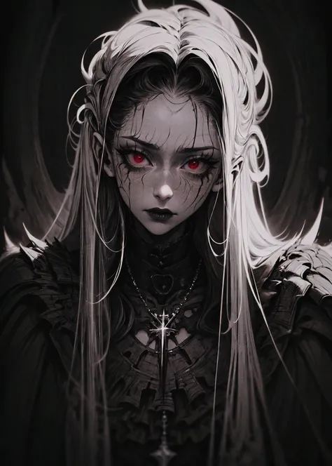 Goth girl 1girl, solo, long hair, looking at viewer, red eyes, jewelry, necklace, makeup, lipstick, black background, portrait, glowing eyes, <lora:Goth_girl-v1.5:0.8>
<lora:vergvoktre_finetuned:0.8> by vergvoktre, dramatic, gritty, intense, distorted face, nightmare, intricate details, hyperdetailed, cinematic, dark shot, film grainy, soothing tones, muted colors, technicolor
BREAK
outdoors, twilight, raytracing <lora:add_detail:1>
BREAK
<lora:Dark_Art:1> d4rk4rt artstyle, monochrome, greyscale