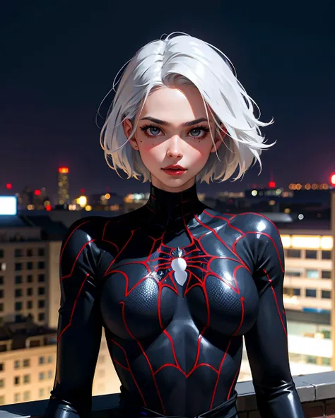 black Spider Man costume,1gir,solo,lips,(shiny skin:1.2),mole under eye,White hair,spider web print,narrow waist,waist up,<lora:绪å¿-èèä¾ black Spider Man costume:0.7>,<lora:microwaistV05:0.4>,blury background,depth of field,on the roof top,night scene,