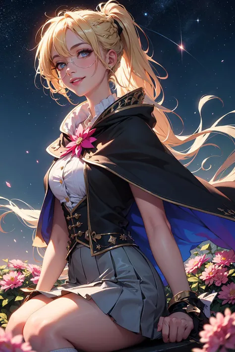 jk,girl,magic cloak,knee socks,colorful flowers,starry sky,sparkling stars,blonde hair,french braid,pink ponytail,french braid,smile,short skirt,magic eye circles,monocle scenery,soft movie lights,adobe lightroom,photolab,hdr,complex,highly detailed,(depth of field:1.4),