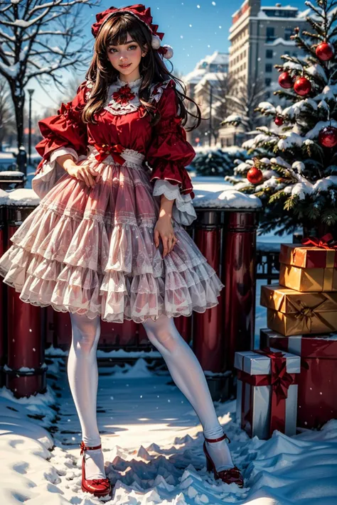 best quality, masterpiece, photorealistic, 1girl, solo, long straight hair, looking at viewer, smile, cyb dress, lace-trimmed dress, layered dress, wide sleeves, bow, red footwear, white pantyhose, outdoors, snow, christmas, christmas tree, christmas ornaments, <lora:christmas_dress_style1_v1:0.7>
BREAK
outdoors, snowing, raytracing <lora:add_detail:1>