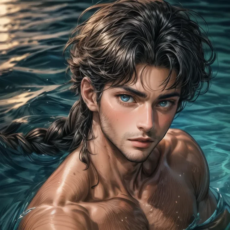 <lora:Aiden_Baxter_Sr_GV:1> handsome man, Realism:1.5, full body portrait, editorial photo, sea water intricate eyes, tanned skin, 30 years old handsome male, slender, graceful, toned, long ginger Fishtail Braid. Vector art style,
<lora:more_details:1.5> very detailed, 8k, homoerotic, minimal swim trunks, face focus, eyes focus