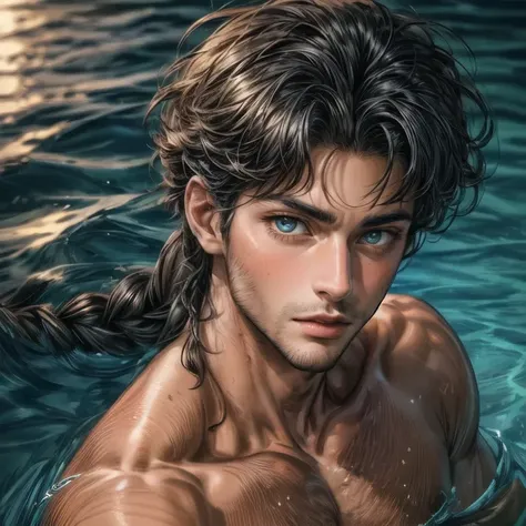 <lora:Aiden_Baxter_Sr_GV:1> handsome man, Realism:1.5, full body portrait, editorial photo,   sea water intricate eyes, tanned skin, 30 years old handsome male, slender, graceful, toned, long ginger Fishtail Braid. Vector art style, 
 <lora:more_details:1.5> very detailed, 8k, homoerotic, minimal swim trunks, face focus, eyes focus