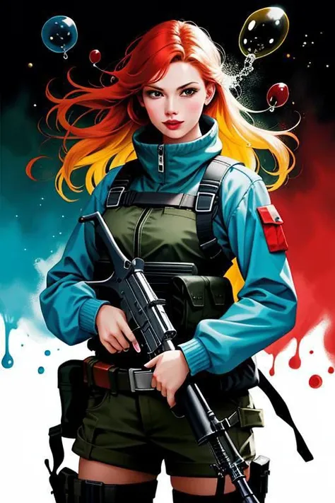 evil beautiful redhead soldier holding a machine gun, she is wearing short militarty clothes, lauging in office, she is holding colorful knife, colorful walls, photorealistic, ingredients, full with white and colorful bubbles, vivid colorful splashed paints bubbles, Digital illustration, very vibrant colors, soft lighting, liquid colors as background, sharp lighting, 8K, octane render, trending on ArtStation, digital art