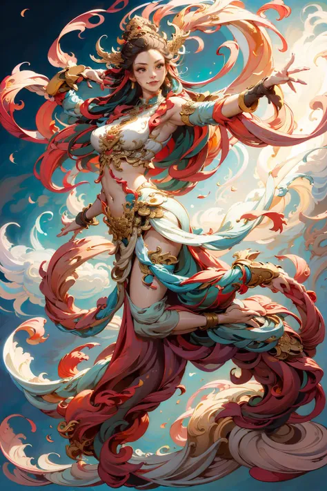 (Red and white hue:1.6), 1girl, solo, Flying among the clouds, Dunhuang Flying Apsaras costume, (Dunhuang background, mural background:1.6), messy long hair, a lot of smoke, ((realistic, masterpiece, movie lighting, best quality)), Beautiful lighting among background, floating colorful sparkles, the most beautiful form of chaos, elegant, a brutalist designed, vivid colours, ((full body)), (dynamic angle:1.4), illustration, chiaroscuro, god rays, romanticism, best quality, zhongfenghua,
<lora:dunhuang_20230625021029:0.8> <lora:detail_slider_v4:1.6> <lora:zhongfenghuaxiyou:0.4>