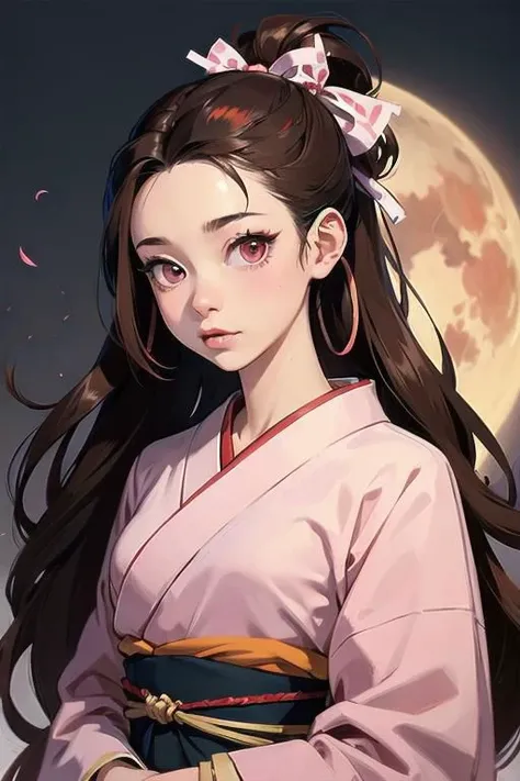 (((masterpiece))), nezuko, 1girl, bamboo, bit gag, brown hair, checkered sash, gag, gagged, gradient hair, hair ribbon, haori, japanese clothes, kimono, long hair, looking at viewer, multicolored hair, orange hair, pink eyes, pink kimono, pink ribbon, ribbon, solo, upper body, blood moon, <lora:nezuko-05:0.7>